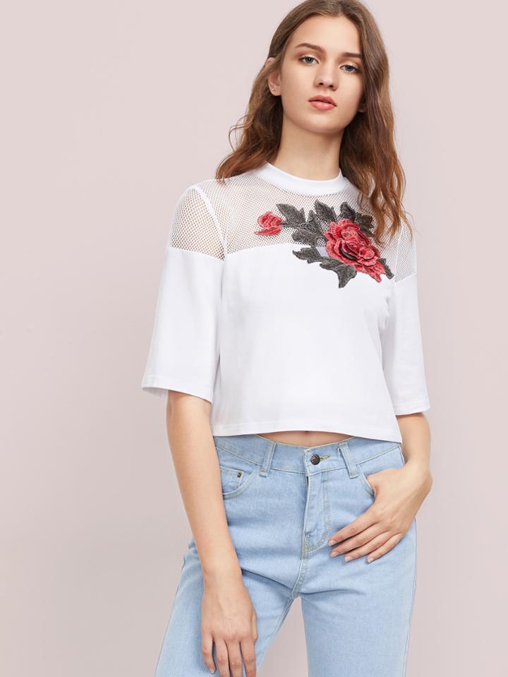 Romwe Fishnet Yoke 3d Rose Patch T-shirt
