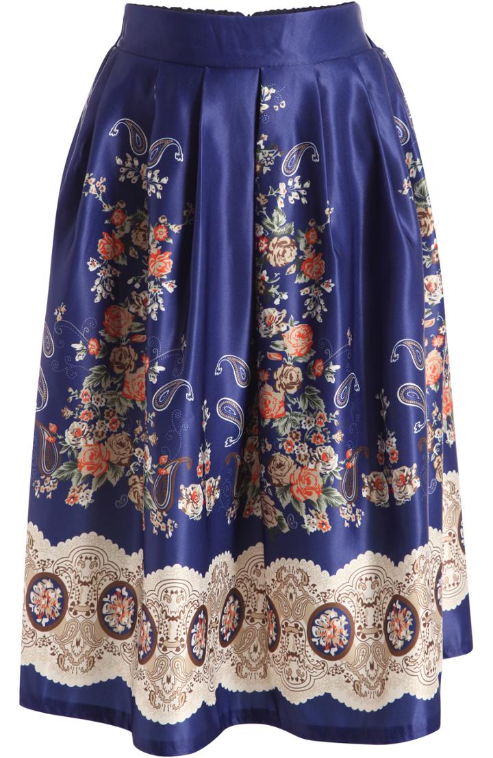 Romwe Blue Vintage Floral Long Skirt