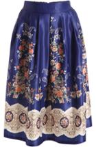 Romwe Blue Vintage Floral Long Skirt