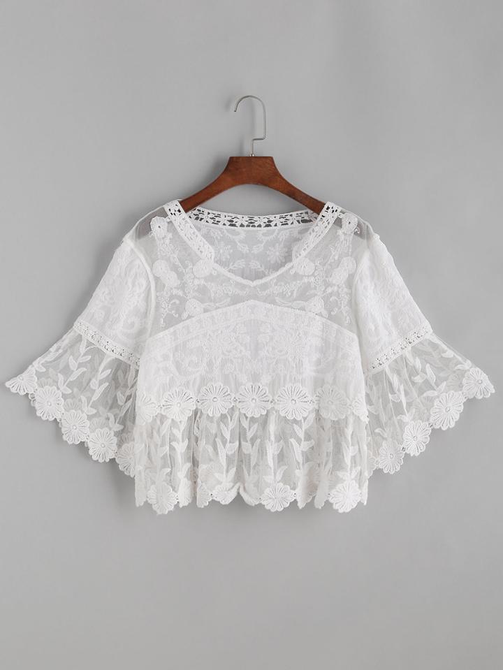 Romwe White Embroidered Contrast Mesh Bell Sleeve Top