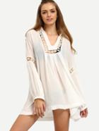 Romwe V-neck Crochet Insert Swing Chiffon Dress - White