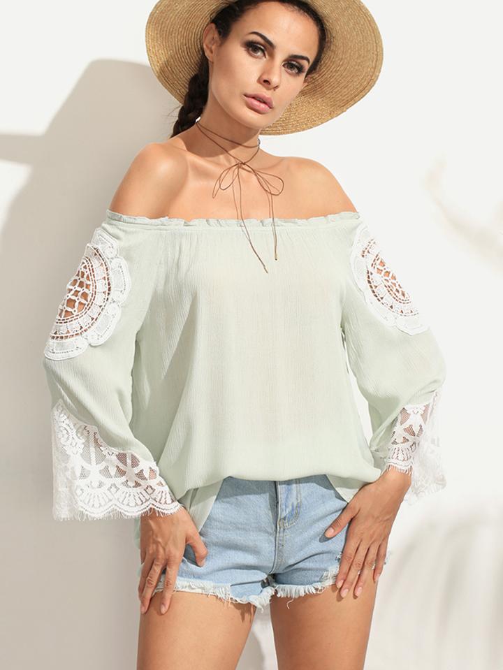 Romwe Green Lace Trim Off The Shoulder Top