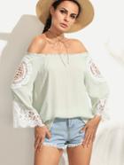 Romwe Green Lace Trim Off The Shoulder Top