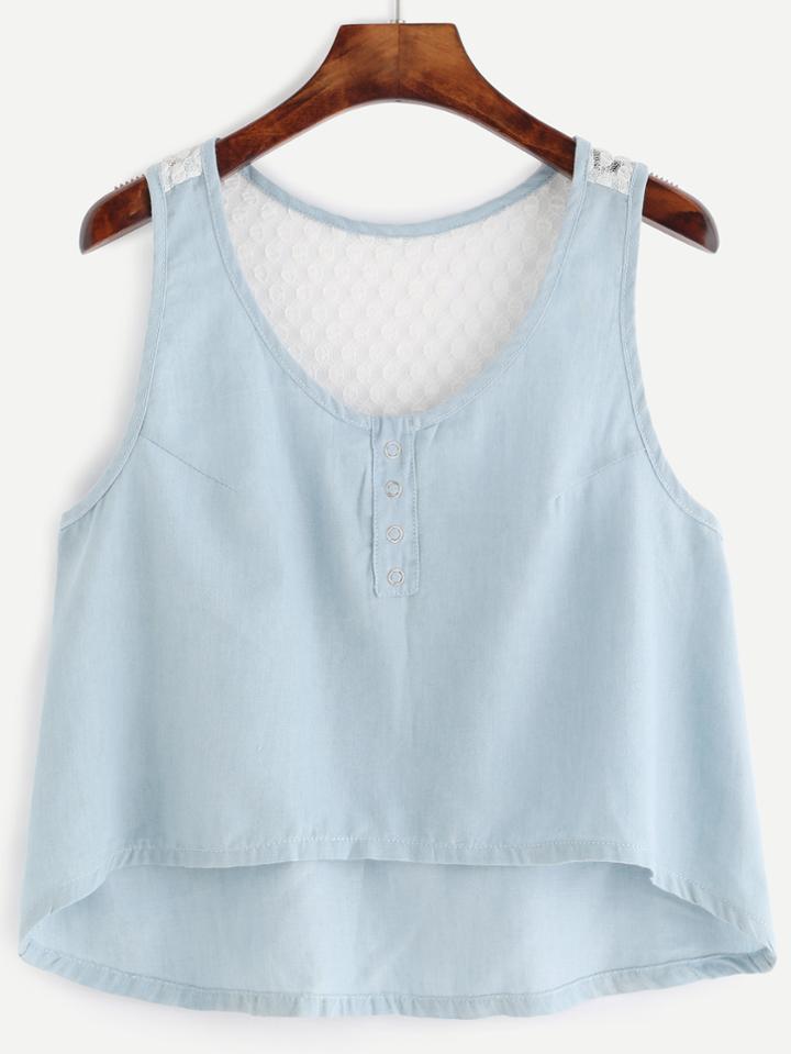 Romwe Blue Half Placket Lace Racerback Tank Top