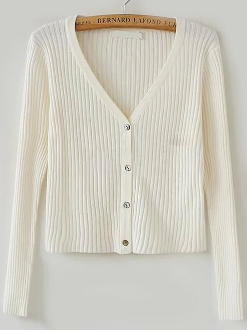 Romwe Ribbed Buttons White Cardigan