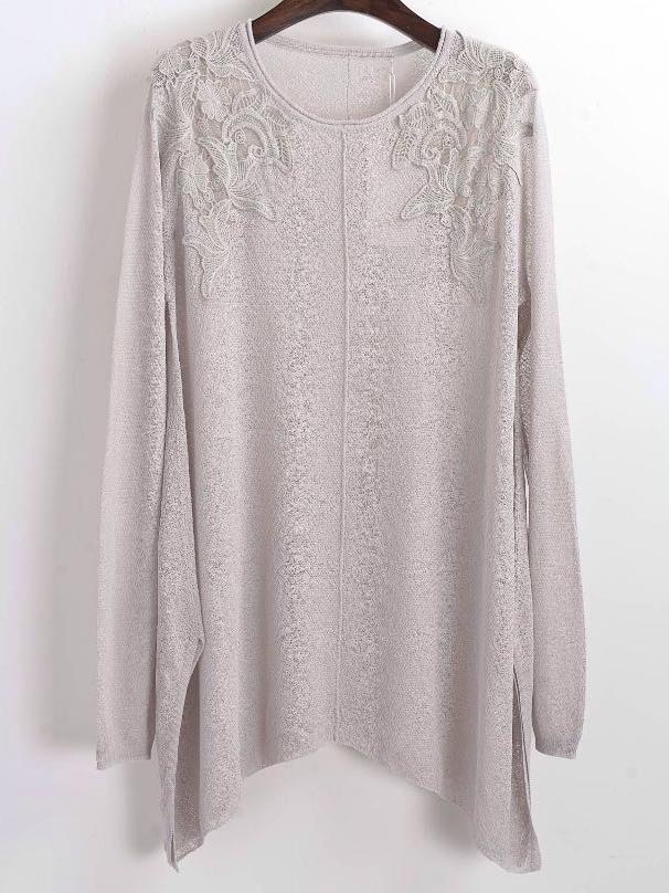 Romwe Grey Long Sleeve Embroidered Loose Sweater