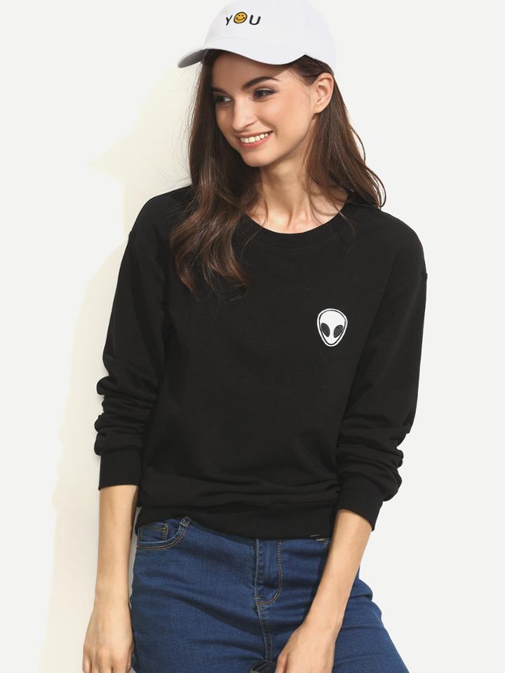 Romwe Black Applique Long Sleeve Sweatshirt