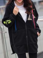 Romwe Hooded Drawstring Dip Hem Split Black Sweatshirt With Skull Patch