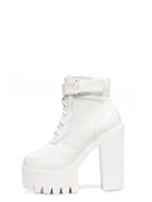 Romwe White Round Toe Lace Up Buckle Chunky Boots