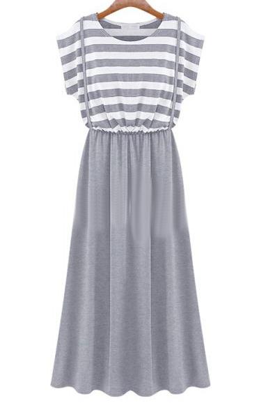 Romwe Short Sleeve Striped Pleated Grey Dress