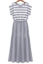 Romwe Short Sleeve Striped Pleated Grey Dress