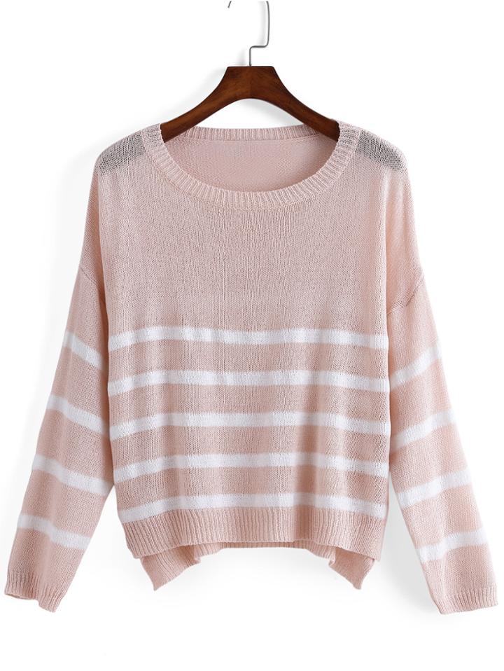 Romwe Dip Hem Striped Sweater