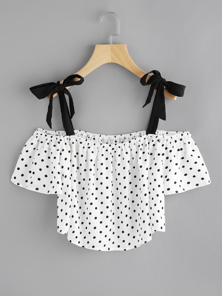 Romwe Self Tie Open Shoulder Polka Dot Crop Top