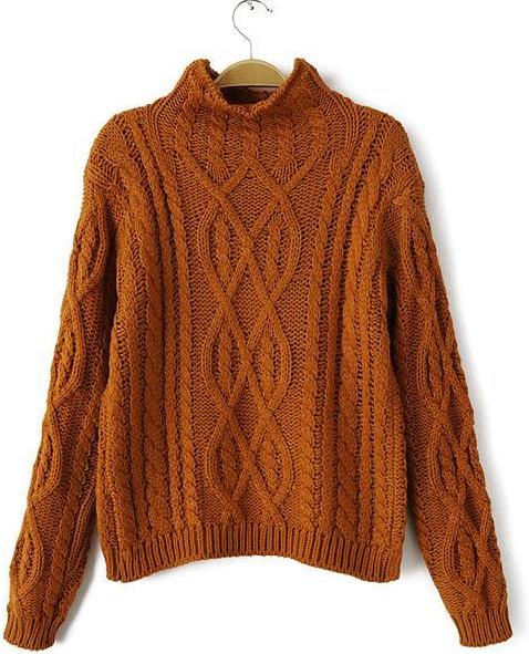 Romwe Khaki High Neck Vintage Cable Sweater