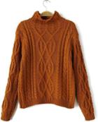 Romwe Khaki High Neck Vintage Cable Sweater