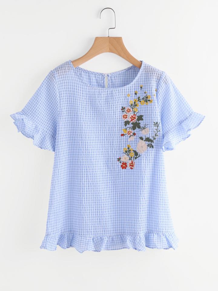 Romwe Flower Embroidered Grid Checkered Frill Top