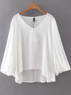 Romwe White V Neck Puff Sleeve Dip Hem Blouse