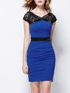 Romwe Blue V Neck Short Lace Sleeve Bodycon Dress