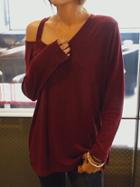 Romwe Open Shoulder Long Sleeve Burgundy T-shirt