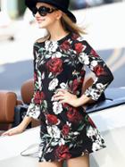 Romwe Black Round Neck Sleeveless Rose Print Dress