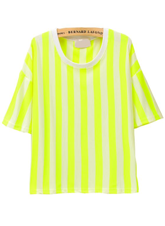 Romwe Vertical Stripe Loose Neon Yellow T-shirt
