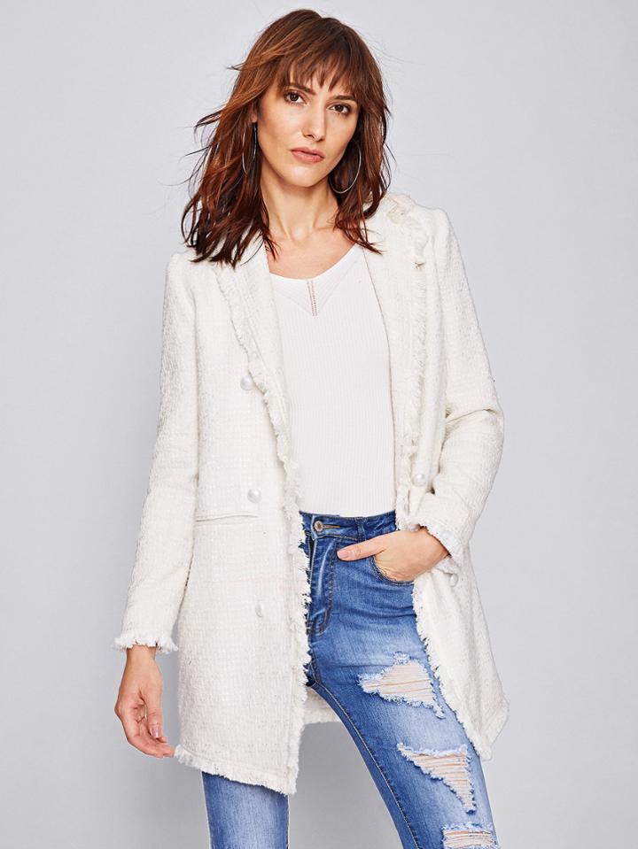 Romwe Frayed Trim Longline Tweed Blazer