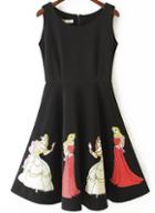 Romwe Black Sleeveless Disney Princess Print Dress
