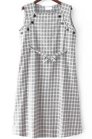 Romwe Square Neck Plaid With Buttons Pale Grey Dress