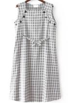 Romwe Square Neck Plaid With Buttons Pale Grey Dress