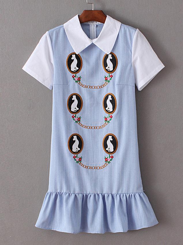 Romwe Blue Printed Ruffle Hem Zipper Blouse