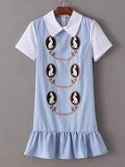 Romwe Blue Printed Ruffle Hem Zipper Blouse