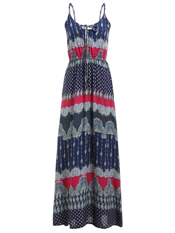 Romwe Tribal Print Keyhole Tie-neck Cami Dress