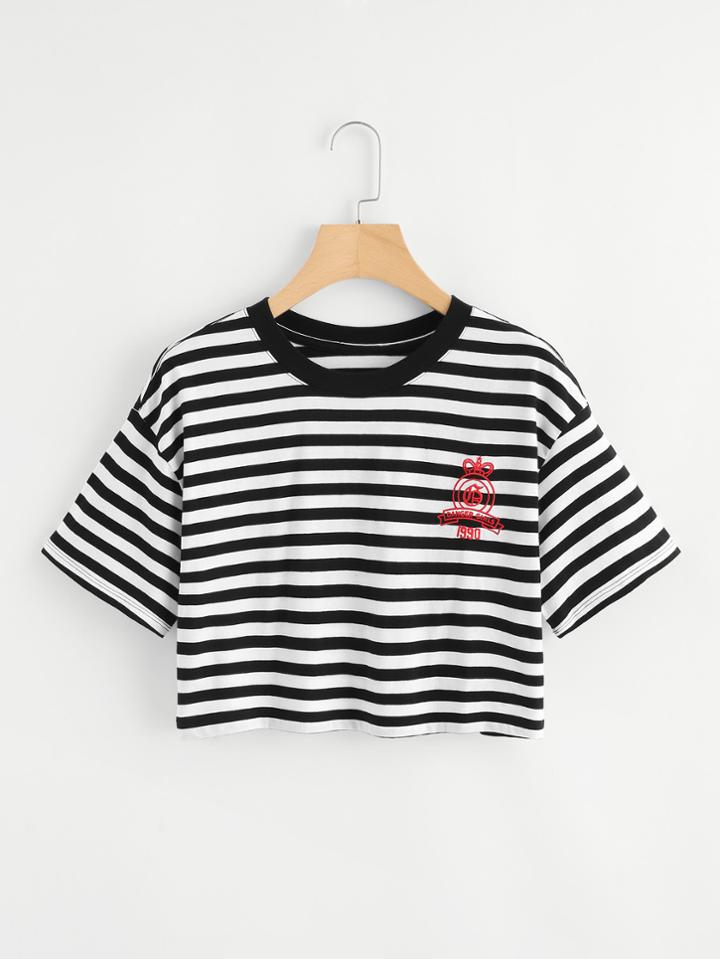 Romwe Letter Embroidered Striped Crop Tee