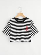 Romwe Letter Embroidered Striped Crop Tee