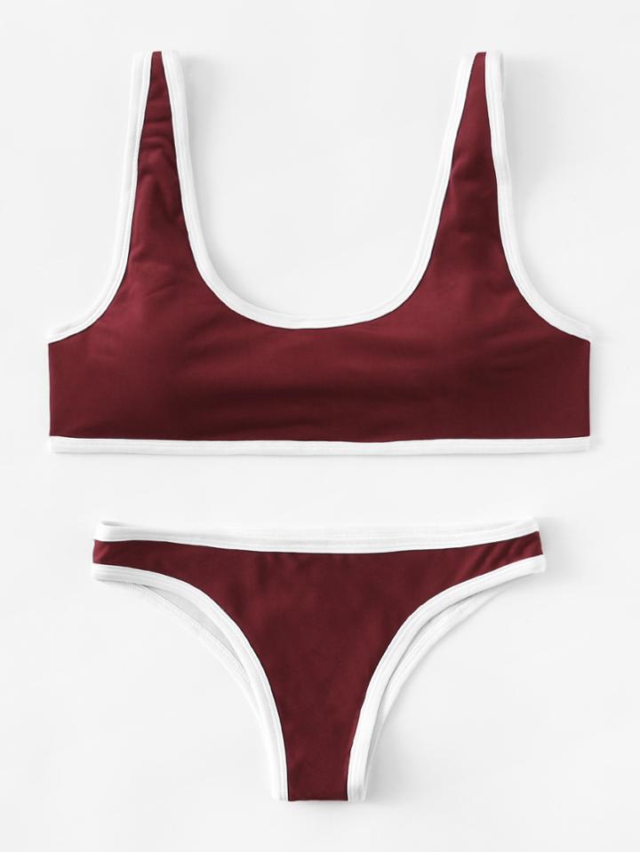 Romwe Contrast Piping Adjustable Strap Bikini Set