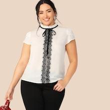 Romwe Plus Lace Contrast Front Raglan Sleeve Blouse