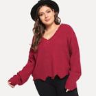 Romwe Plus V Neck Raw Cut Trim Sweater