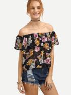 Romwe Off The Shoulder Florals Ruffle Crop Top