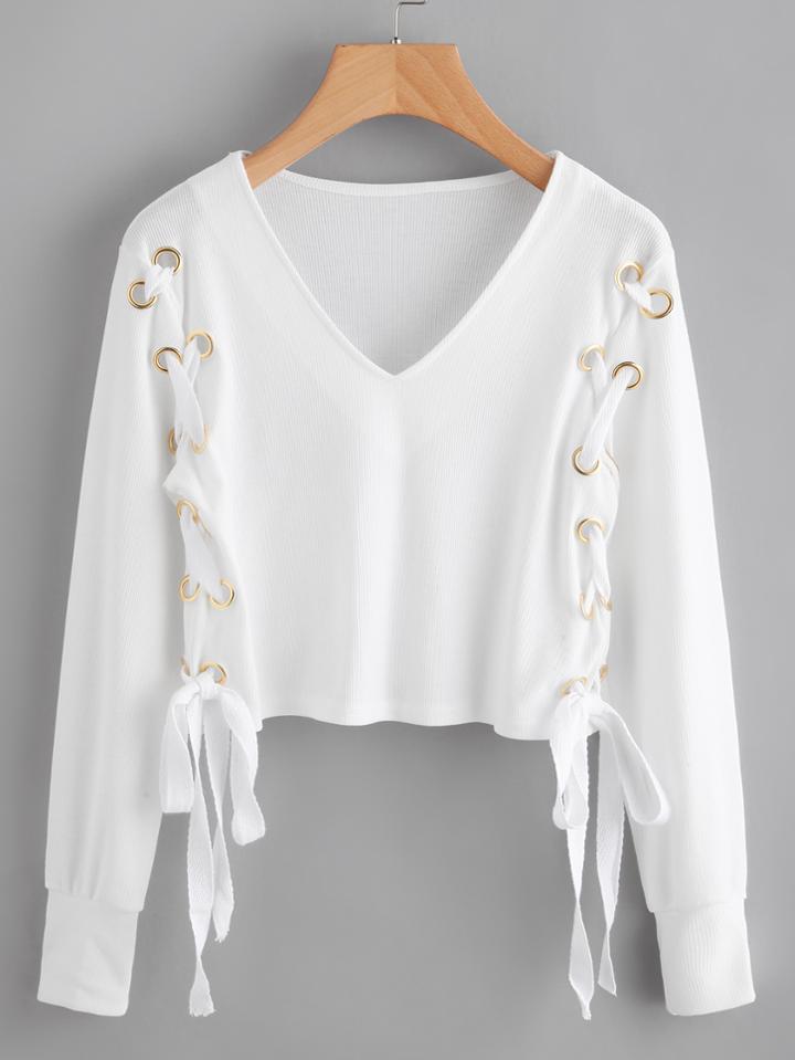 Romwe V Neckline Eyelet Lace Up Crop T-shirt