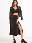 Romwe Black Split Stud Embellished Skirt