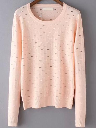 Romwe Long Sleeve Eyelet Pink Sweater