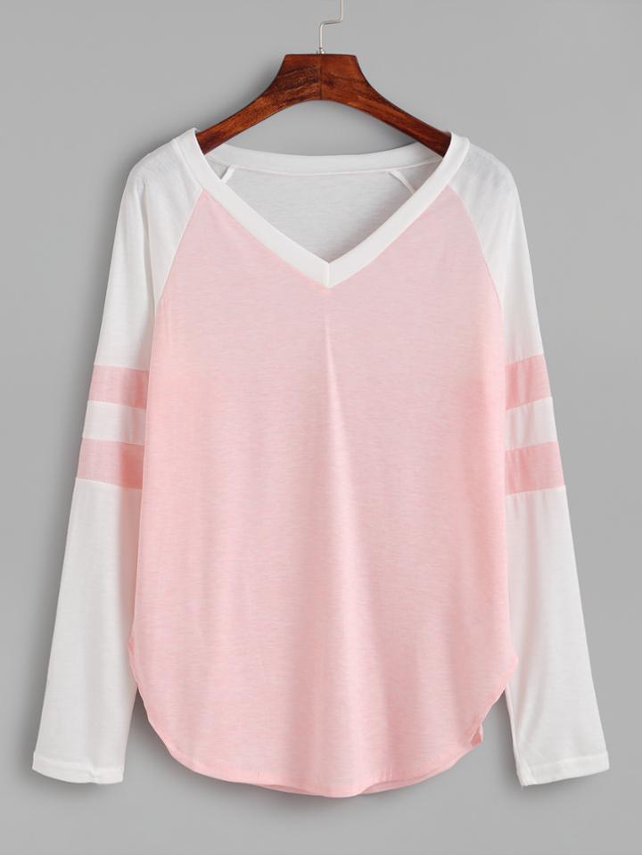 Romwe Pink Contrast Raglan Sleeve V Neck T-shirt