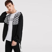 Romwe Guys Zip Up Checked Panel Hooded Jacket