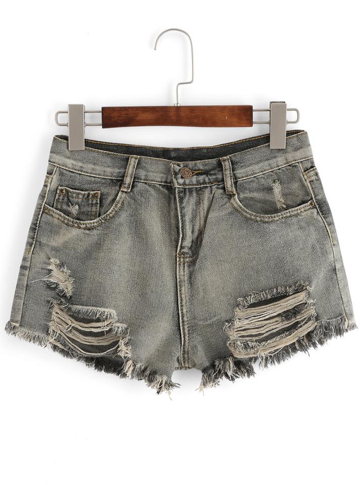 Romwe Grey Ripped Fringe Denim Shorts