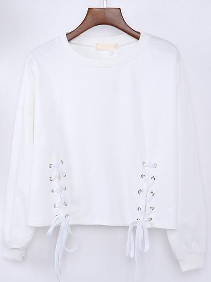 Romwe Round Neck Lace Up White Sweatshirt