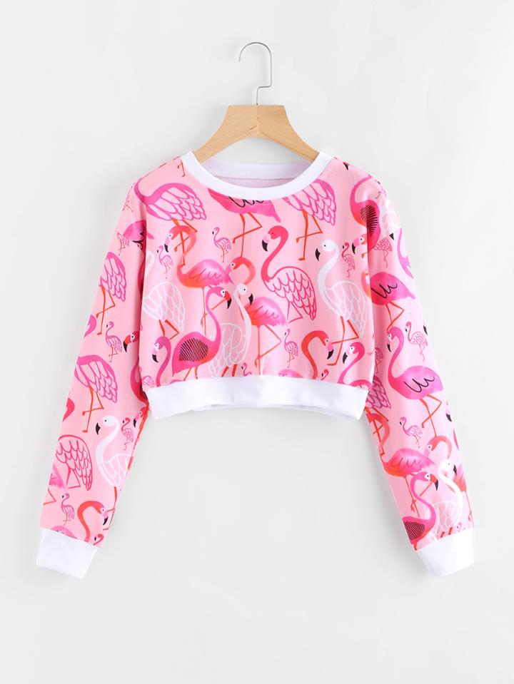 Romwe Crane Print Ringer Crop Sweatshirt