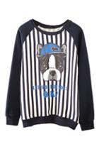 Romwe Striped Dog Print Blue Sweatshirt
