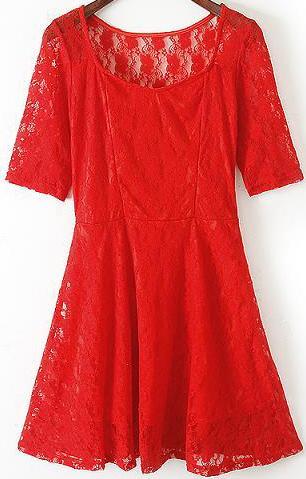 Romwe Scoop Neck Lace Red Dress