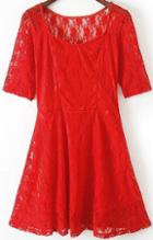 Romwe Scoop Neck Lace Red Dress