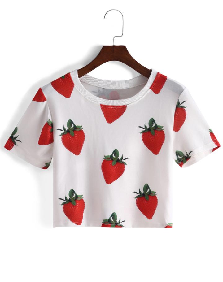 Romwe Strawberry Print Crop T-shirt